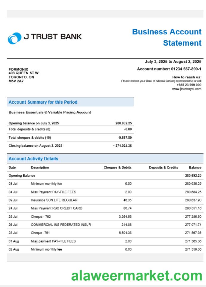 J Trust Royal business bank company statement Word and PDF format